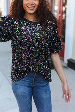 Load image into Gallery viewer, Holiday Ready Black Velvet Multicolor Sequin Puff Sleeve Top
