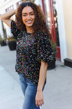 Load image into Gallery viewer, Holiday Ready Black Velvet Multicolor Sequin Puff Sleeve Top
