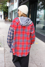 Load image into Gallery viewer, Main Attraction Red &amp; Navy Plaid Color Block Button Down Hoodie
