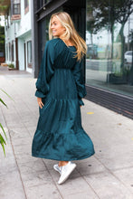 Load image into Gallery viewer, Elegant Hunter Green Elastic V Neck Tiered Satin Maxi Dress
