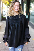 Load image into Gallery viewer, Be Your Best Black Satin Shirred Yoke Frilled Mock Neck Top
