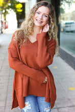 Load image into Gallery viewer, Casual Chic Rust Oversized V Neck Rib Knit Sweater
