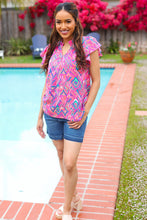 Load image into Gallery viewer, Eyes On You Fuchsia Boho Ikat Print Frill Notch Neck Top
