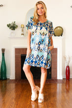 Load image into Gallery viewer, You Got This Blue &amp; Sage Boho V Neck Cuffed Dolman Sleeve Dress
