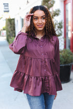 Load image into Gallery viewer, Perfectly You Burgundy Button Down Tiered Babydoll Satin Top
