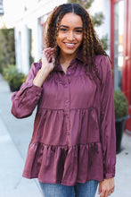 Load image into Gallery viewer, Perfectly You Burgundy Button Down Tiered Babydoll Satin Top
