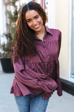 Load image into Gallery viewer, Perfectly You Burgundy Button Down Tiered Babydoll Satin Top
