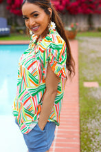 Load image into Gallery viewer, Hello Beautiful Green &amp; Orange Geo Frill Notch Neck Puff Sleeve Top
