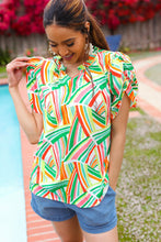 Load image into Gallery viewer, Hello Beautiful Green &amp; Orange Geo Frill Notch Neck Puff Sleeve Top
