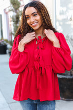 Load image into Gallery viewer, Embrace Joy Red Ribbon Bow Tie Babydoll Woven Top
