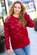 Load image into Gallery viewer, Casual Chic Burgundy Pointelle Lace Shoulder Knit Sweater
