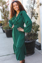 Load image into Gallery viewer, Beautiful You Holiday Green Overlap Ruffle V Neck Midi Dress
