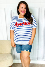 Load image into Gallery viewer, America Proud Blue Striped Embroidered Puff Sleeve Top
