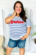 Load image into Gallery viewer, America Proud Blue Striped Embroidered Puff Sleeve Top
