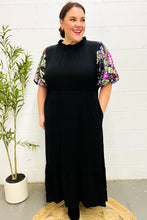 Load image into Gallery viewer, Black Floral Sequin Puff Sleeve Mock Neck Tiered Maxi Dress
