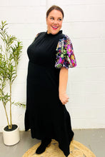 Load image into Gallery viewer, Black Floral Sequin Puff Sleeve Mock Neck Tiered Maxi Dress
