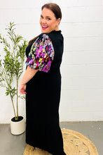 Load image into Gallery viewer, Black Floral Sequin Puff Sleeve Mock Neck Tiered Maxi Dress
