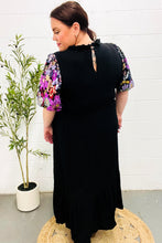 Load image into Gallery viewer, Black Floral Sequin Puff Sleeve Mock Neck Tiered Maxi Dress
