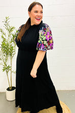 Load image into Gallery viewer, Black Floral Sequin Puff Sleeve Mock Neck Tiered Maxi Dress
