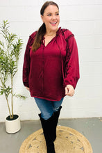 Load image into Gallery viewer, Holiday Vibes Burgundy Frill Detail Tie Neck Satin Top
