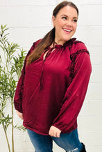 Load image into Gallery viewer, Holiday Vibes Burgundy Frill Detail Tie Neck Satin Top
