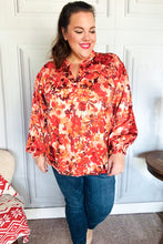 Load image into Gallery viewer, Fall Vibes Rust Floral Print Notched Neck Smocked Satin Top
