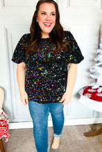 Load image into Gallery viewer, Holiday Ready Black Velvet Multicolor Sequin Puff Sleeve Top
