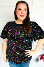 Load image into Gallery viewer, Holiday Ready Black Velvet Multicolor Sequin Puff Sleeve Top
