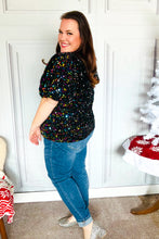 Load image into Gallery viewer, Holiday Ready Black Velvet Multicolor Sequin Puff Sleeve Top
