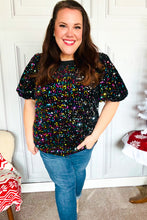 Load image into Gallery viewer, Holiday Ready Black Velvet Multicolor Sequin Puff Sleeve Top
