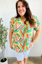 Load image into Gallery viewer, Hello Beautiful Green &amp; Orange Geo Frill Notch Neck Puff Sleeve Top
