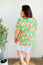 Load image into Gallery viewer, Hello Beautiful Green &amp; Orange Geo Frill Notch Neck Puff Sleeve Top
