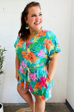 Load image into Gallery viewer, Tropical Vibes Turquoise Floral Surplice Tie Waist Romper
