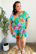 Load image into Gallery viewer, Tropical Vibes Turquoise Floral Surplice Tie Waist Romper
