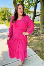 Load image into Gallery viewer, Beautiful You Berry Pintuck Detail Frill V Neck Maxi Dress
