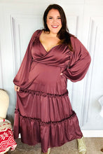 Load image into Gallery viewer, Holiday Vibes Wine Satin Front Overlap Smocked Back Maxi Dress
