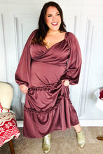 Load image into Gallery viewer, Holiday Vibes Wine Satin Front Overlap Smocked Back Maxi Dress
