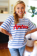 Load image into Gallery viewer, America Proud Blue Striped Embroidered Puff Sleeve Top
