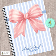 Load image into Gallery viewer, Pink Bow and Blue Stripe Coquette Teacher Planner
